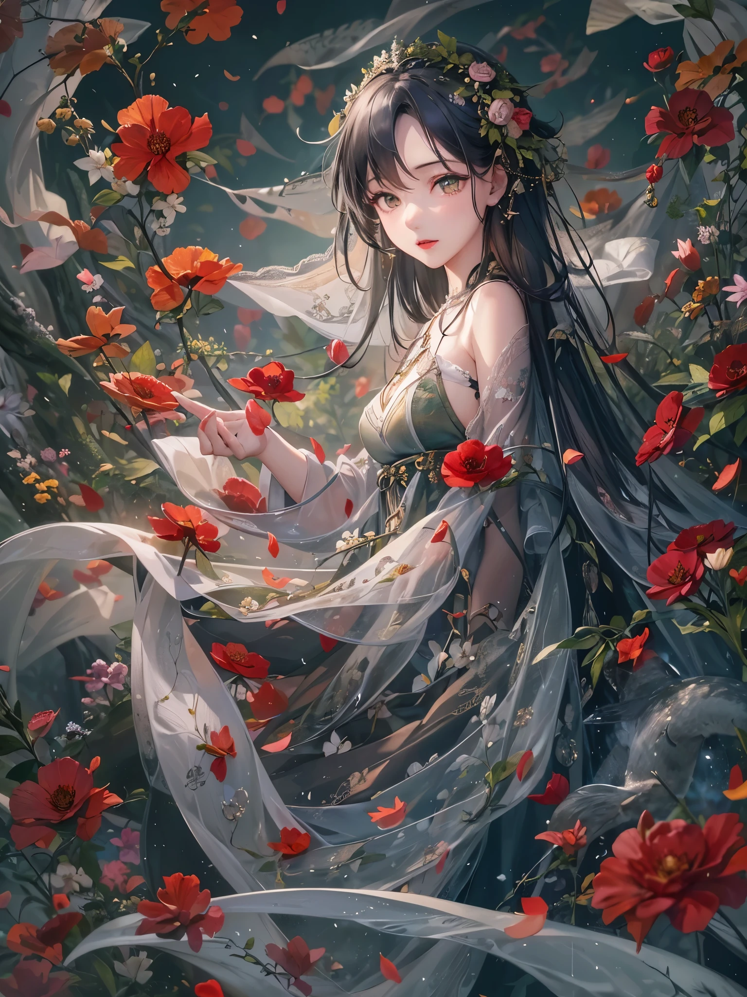((highest quality)),(Ultra-high resolution),(Very detailed),(Detailed Description),((The best CG)),(A masterpiece),Ultra-detailed art,Amazing drawing art,(Art with precise detail:1.5), Clear skin, Green black hair, pupil, Red lips, The wind blows, The flowers fall,