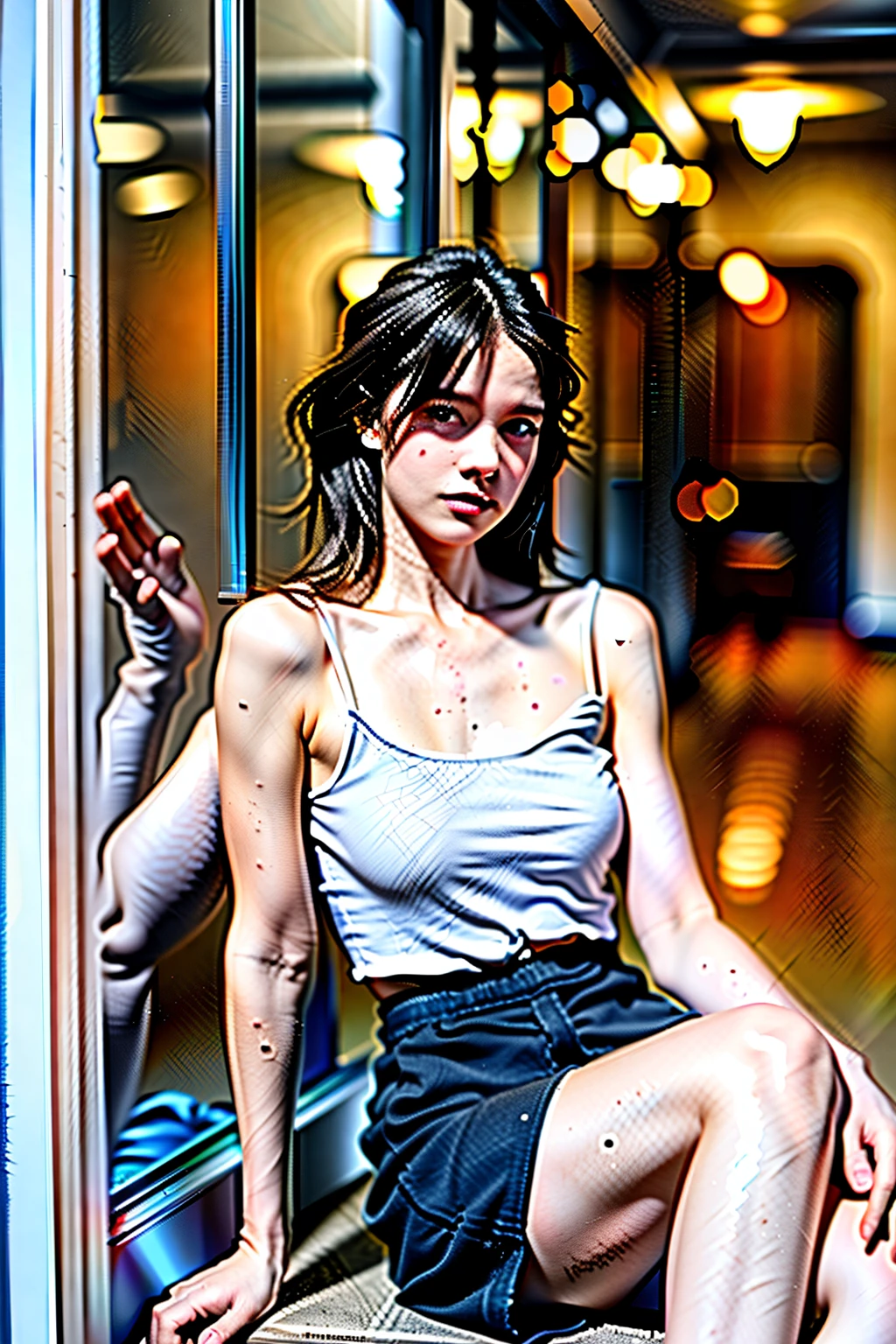 8K, masterpiece, Short-haired female firefighter inside a building on fire,