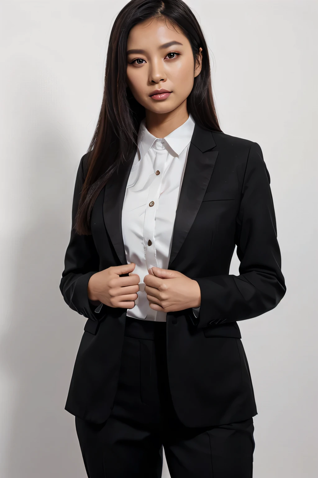 asian woman stand, wear black formal suit, white background, half body