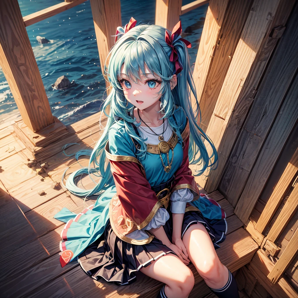 Aqua blue hair、Golden Eyes、Braid、One good looking girl、solo、anime、Checkered mini skirt、Ruffles on the skirt、Red T-shirt、Cape、Gothic、Black knee-high socks、bandana、Fluffy clothes、Wearing a ribbon、Ribbon on waist、Tilting face、Teeth are visible、Sunset sky、Piercing the clouds、Contrail、lotus leaves、Cumulonimbus、Pillar of Light、candle fire、Silver coin necklace、A world of light、Sitting on a high wall、Hands together、From above