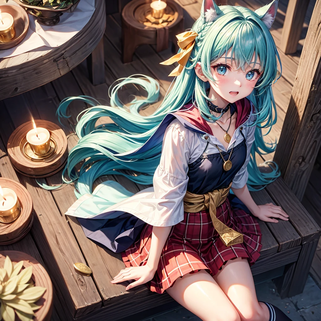 Aqua blue hair、Golden Eyes、Braid、One good looking girl、solo、anime、Checkered mini skirt、Ruffles on the skirt、Red T-shirt、Cape、Gothic、Black knee-high socks、bandana、Fluffy clothes、Wearing a ribbon、Ribbon on waist、Tilting face、Teeth are visible、Sunset sky、Piercing the clouds、Contrail、lotus leaves、Cumulonimbus、Pillar of Light、candle fire、Silver coin necklace、A world of light、Sitting on a high wall、Hands together、From above