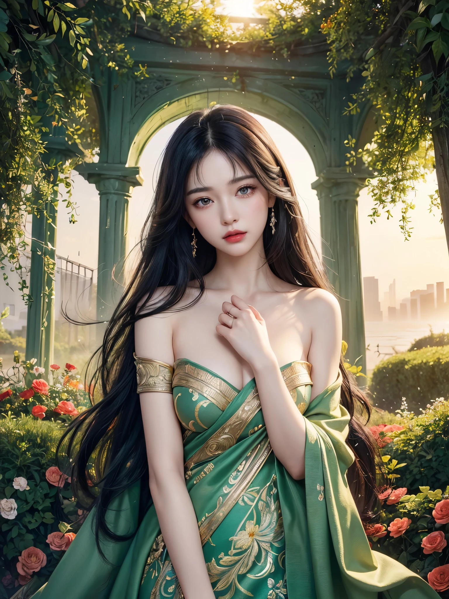 ((highest quality)),(Ultra-high resolution),(Very detailed),(Detailed Description),((The best CG)),(A masterpiece),Ultra-detailed art,Amazing drawing art,(Art with precise detail:1.5), Clear skin, Green black hair, pupil, Red lips, Wind, flower