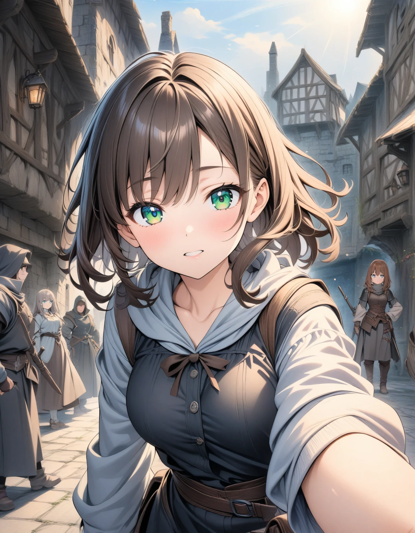 ((style:Colored pencil,pale colour)),(anime)、(masterpiece:1.2),atmospheric perspective,lens flare、middle ages、RPG、Traveler Girl、Brown Hair、Slanted Eyes、Emerald Eyes、well