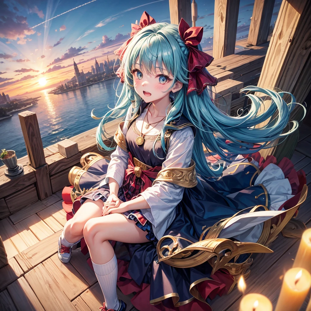 Aqua blue hair、Golden Eyes、Braid、One good looking girl、solo、anime、Checkered mini skirt、Ruffles on the skirt、Red T-shirt、Cape、Gothic、Black knee-high socks、bandana、Fluffy clothes、Wearing a ribbon、Ribbon on waist、Tilting face、Teeth are visible、Sunset sky、Piercing the clouds、Contrail、lotus leaves、Cumulonimbus、Pillar of Light、candle fire、Silver coin necklace、A world of light、Sitting on a high wall、Hands together、From above