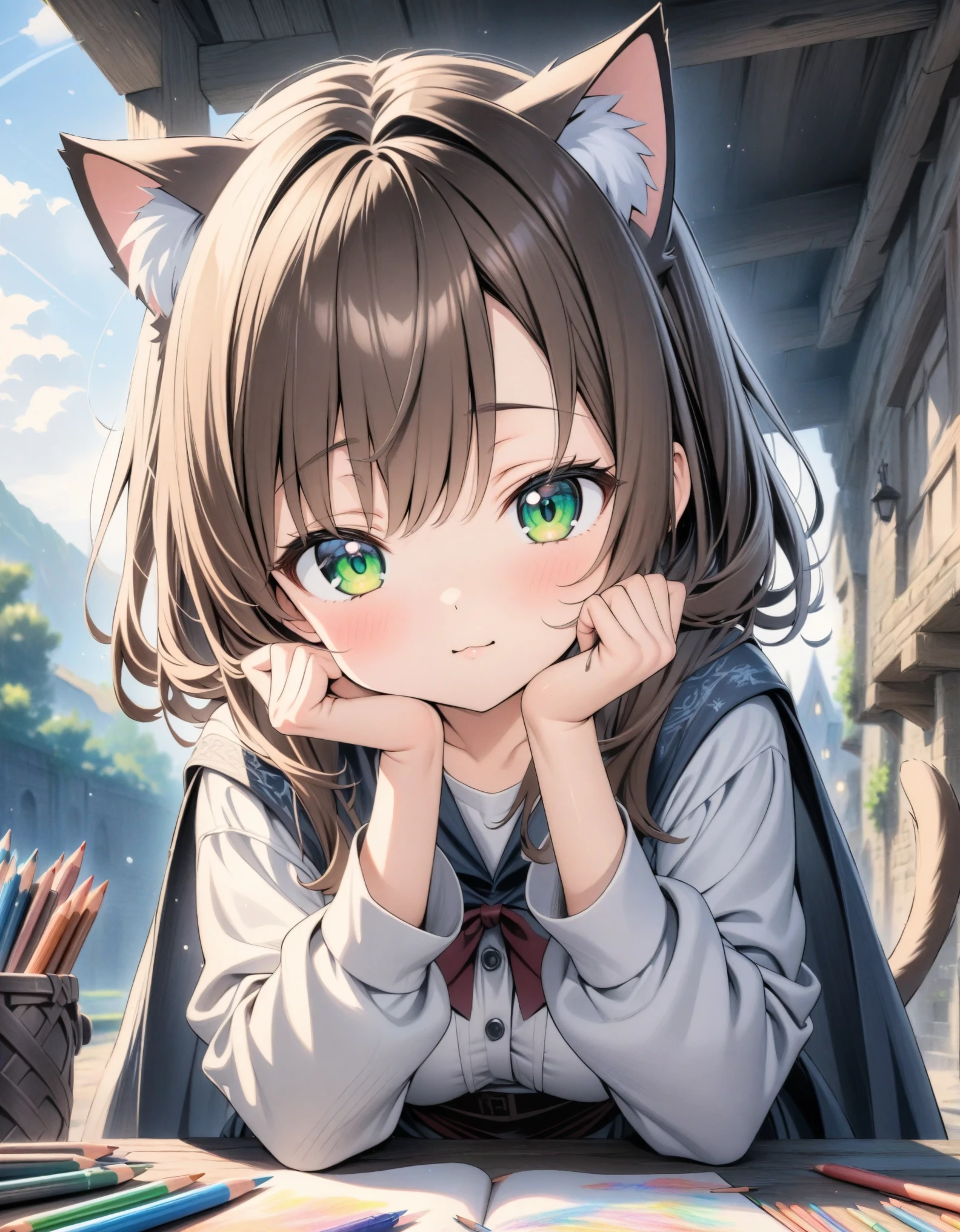 ((style:Colored pencil,pale colour)),(anime)、(masterpiece:1.2),atmospheric perspective,lens flare、middle ages、RPG、Traveler Girl、Brown Hair、Slanted Eyes、Emerald Eyes、Cat ear、cute、Cute pose