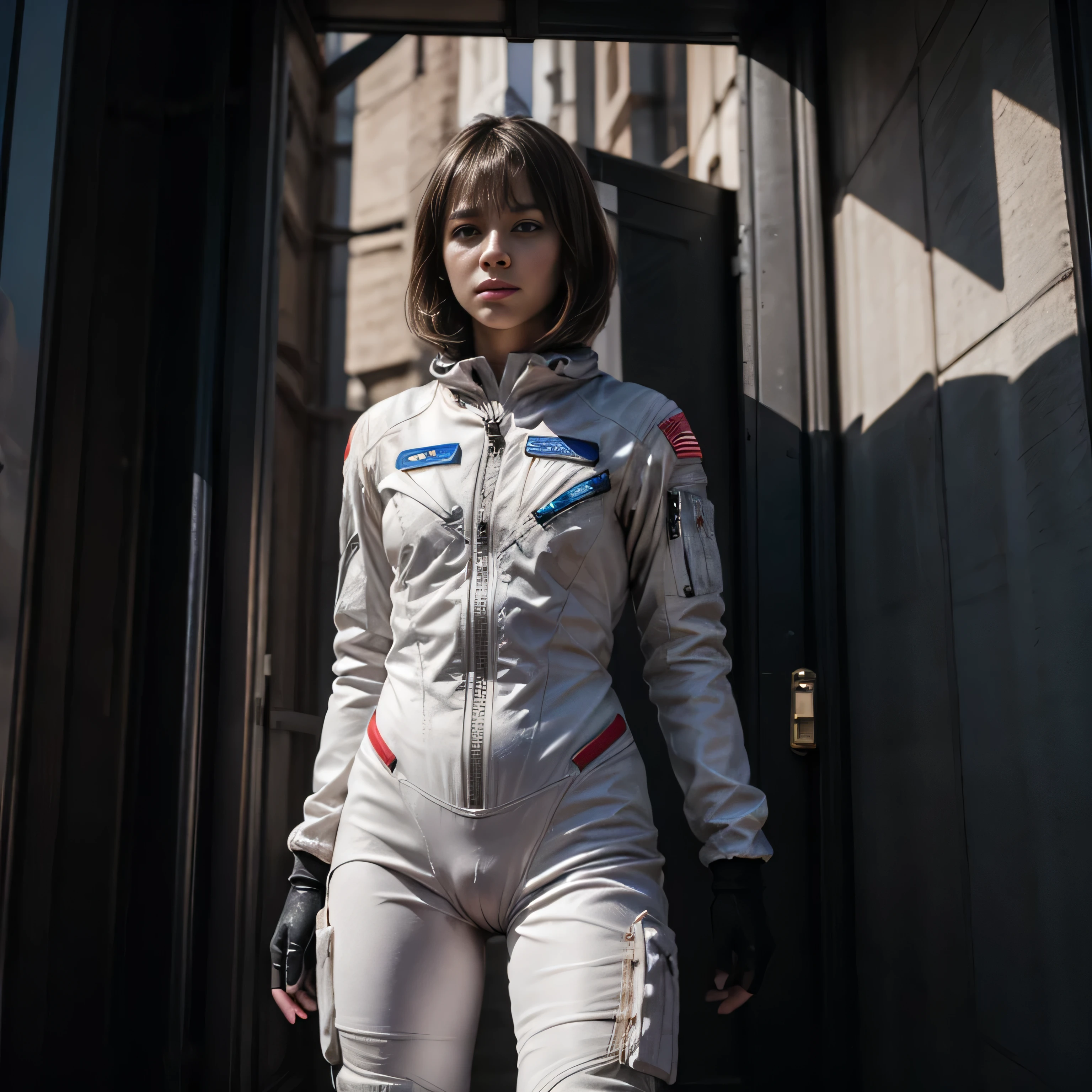 one girls , Young , A view from below , Short Hair Hair , black  hair , spacesuit , White spacesuit , Pop visible , naked butt , girl in a spacesuit , hiquality , Dark tones
