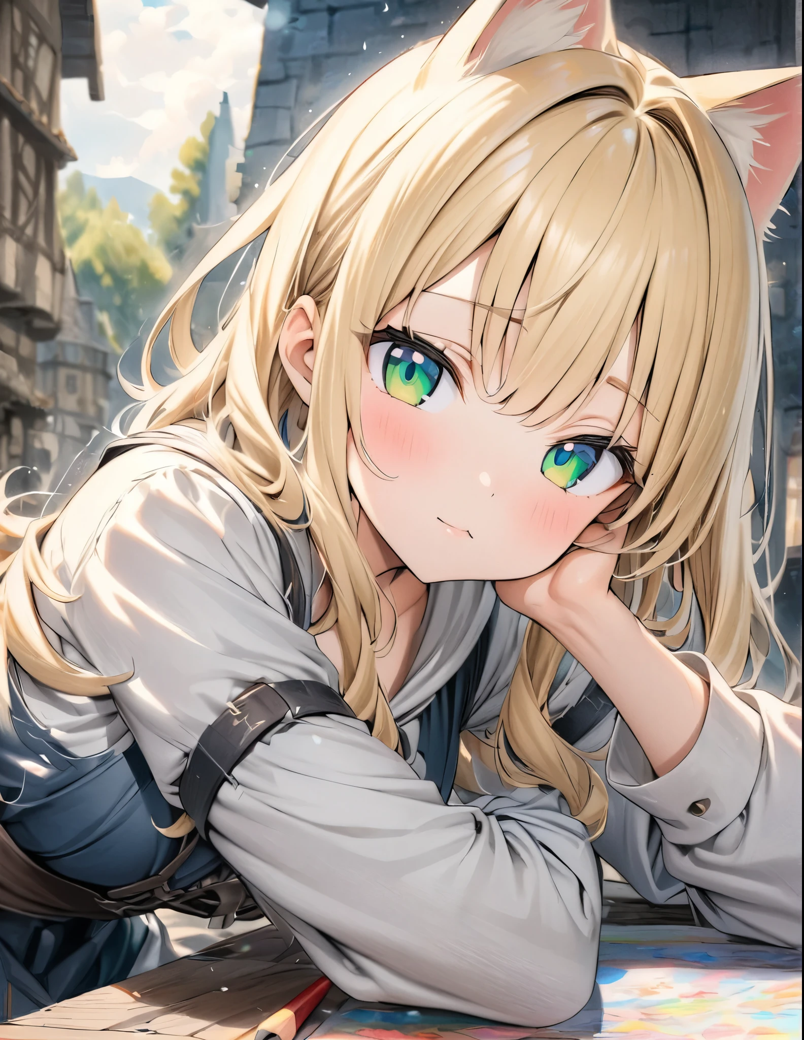 ((style:Colored pencil,pale colour)),(anime)、(masterpiece:1.2),atmospheric perspective,lens flare、middle ages、RPG、Traveler Girl、Blonde、Slanted Eyes、Emerald Eyes、Cat ear、cute、Cute pose