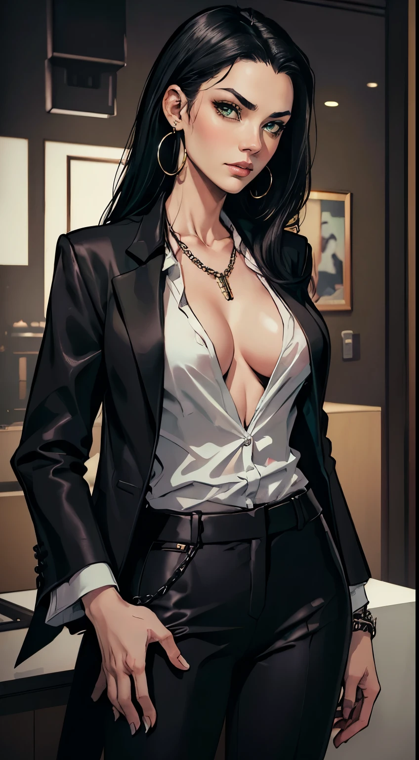 (masterpiece, best quality, highres, ultra-detailed), 1woman, long wave black hair, green eyes, handsome, detailed eyes and face, perfect body, earrings, ear piercing,  unbuttoned black blazer, white shirt, trousers, bare collarbones, chain necklace, city slums background, by amano akira