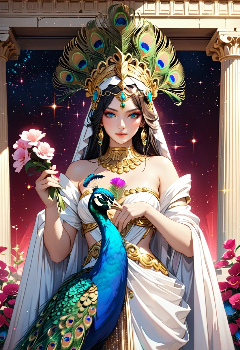 (masterpiece, best quality:1.1),
(ultra highres, ultra-detailed:1.2) ,Roman Goddess,hair ornaments,White Robe,cube pattern costume,(Peacock Feathered Goddess), BREAK,detailed hand,Holding flower in both hands,Scarlet aura,divine,beautiful effects,Alluring,Background:Parthenon temple,dynamic pose,(Glitter:1.5) ,(sparkle:1.5) ,