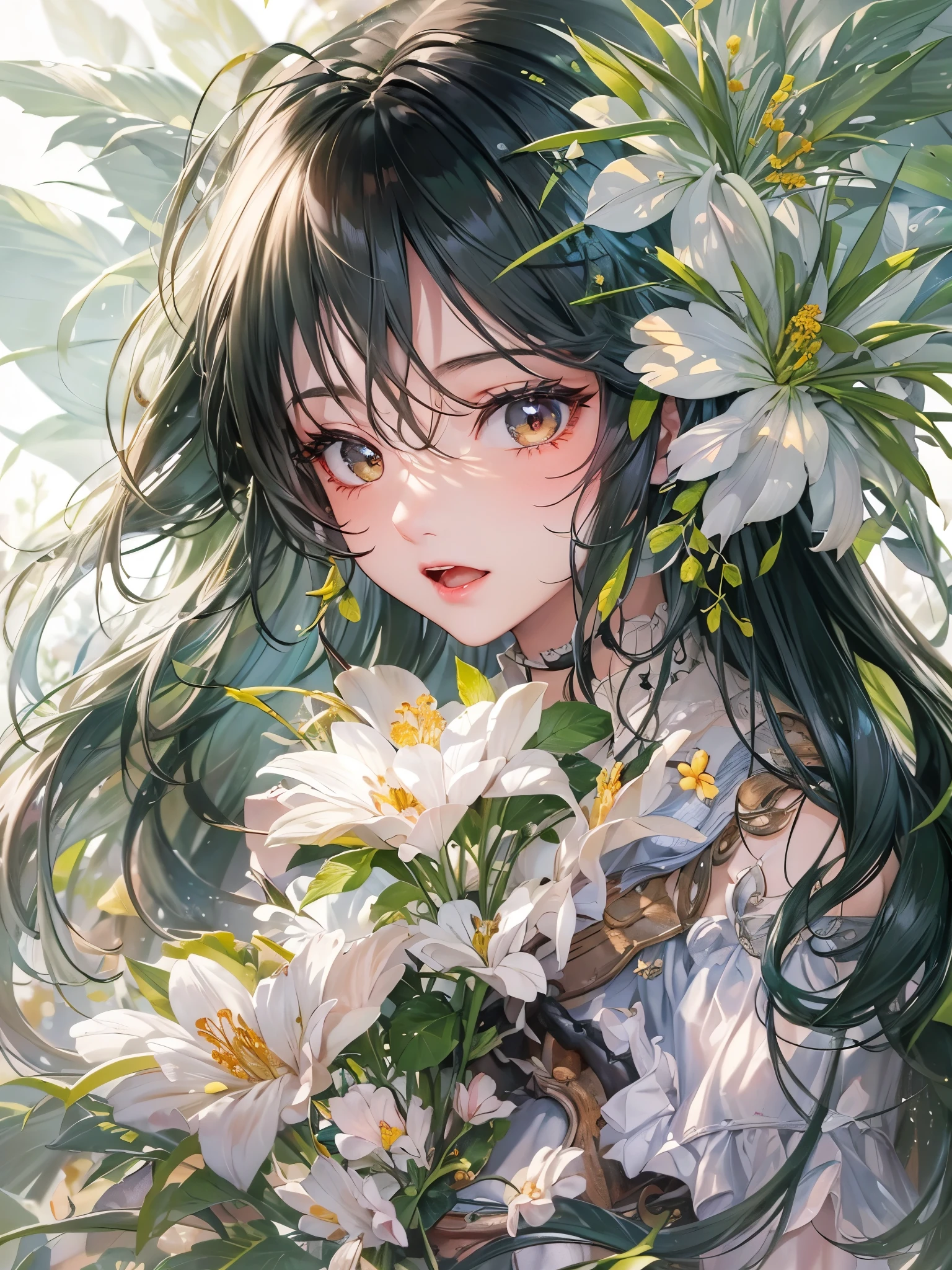 ((highest quality)),(Ultra-high resolution),(Very detailed),(Detailed Description),((The best CG)),(A masterpiece),Ultra-detailed art,Amazing drawing art,(Art with precise detail:1.5), Clear skin, Green black hair, pupil, Red lips, Wind, flower