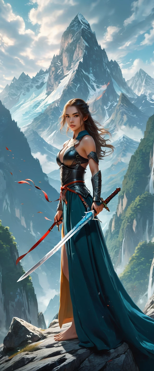 A girl holding a sword，Perfect body，Perfect face，Floating mountains background, complicated, Gorgeous, 8K