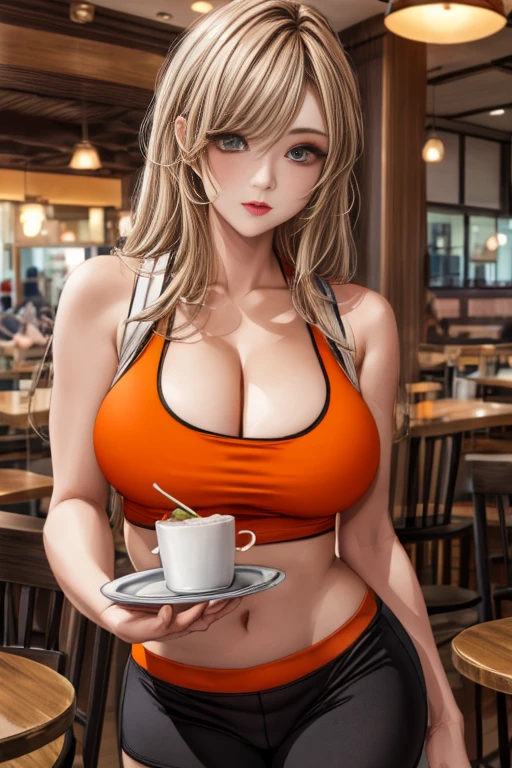 (highest quality:1.2), (Beautiful details:1.2),(Detailed eyes and skin), (Detailed facial features), Hmph, Perfect Style, Beautiful Face, Anatomically correct, Highly detailed face and skin texture, Shiny skin, Nanashi_yuzuriha, break (One girl:1.3), (alone), (Supermodel:1.2), Perfect Eyes, Symmetrical eyes, (Dramatic makeup: 1.3), (Heavy makeup: 1.3), (restaurant, waitress, Are standing, Holding a tray:1.2), (Tight fitting clothes:1.2), (Tight white tank top:1.5), (Wearing a white tank top over a naked body:1.2), (More Tangerine Orange Yoga Shorts:1.5), (Wear tangerine yoga shorts over pantyhose),(Owl print on tank top), (Planking neckline:1.2), Bare shoulders, (Perfect hands:1.2), (Molle Hand:1.2), Beautiful thighs, Highly detailed thighs, break (whole body:1.5), Fantastic and Hooters, Vibrant, Highly detailed background, (Hooters:1.3),Camel Toe、Giant tit、Nipple Puffs、Cleavage、Plump、Super big breasts、Super big butt、Hard erect large nipples、Large areola、Tight clothing、、Crop top、Nipple Puffs、Hard erect large nipples