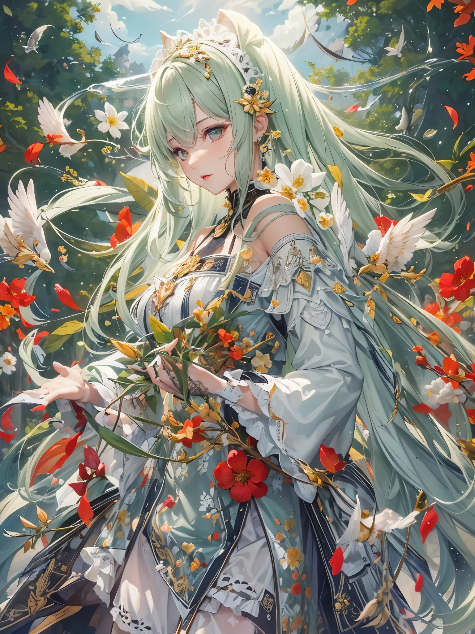 ((highest quality)),(Ultra-high resolution),(Very detailed),(Detailed Description),((The best CG)),(A masterpiece),Ultra-detailed art,Amazing drawing art,(Art with precise detail:1.5), Clear skin, Green black hair, pupil, Red lips, Wind, flower