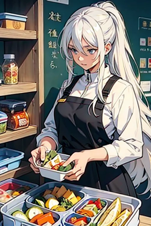 Girl with long white hair making a packed lunch , manga page with panels and dialogue
