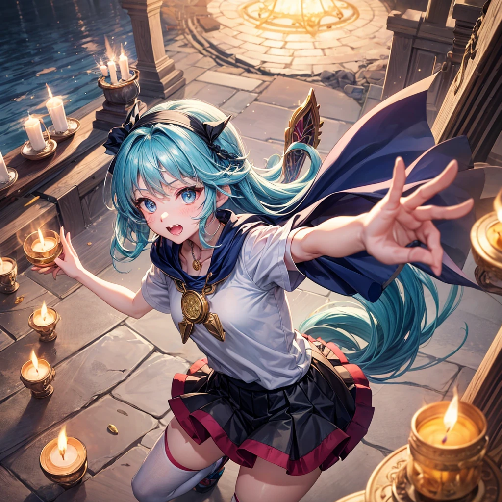 Aqua blue hair、Golden Eyes、Braid、One good looking girl、solo、anime、Checkered mini skirt、Ruffles on the skirt、Red T-shirt、Cape、Gothic、Black knee-high socks、bandana、Fluffy clothes、Wearing a ribbon、Ribbon on waist、Tilting face、Teeth are visible、Sunset sky、Piercing the clouds、Contrail、lotus leaves、Cumulonimbus、Pillar of Light、candle fire、Silver coin necklace、A world of light、Spreading his arms for balance、Hands together、From above