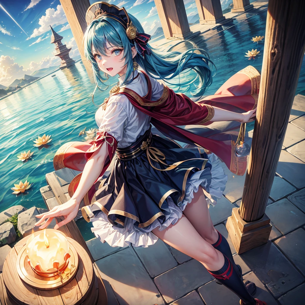 Aqua blue hair、Golden Eyes、Braid、One good looking girl、solo、anime、Checkered mini skirt、Ruffles on the skirt、Red T-shirt、Cape、Gothic、Black knee-high socks、bandana、Fluffy clothes、Wearing a ribbon、Ribbon on waist、Tilting face、Teeth are visible、Sunset sky、Piercing the clouds、Contrail、lotus leaves、Cumulonimbus、Pillar of Light、candle fire、Silver coin necklace、A world of light、Spreading his arms for balance、Hands together、From above