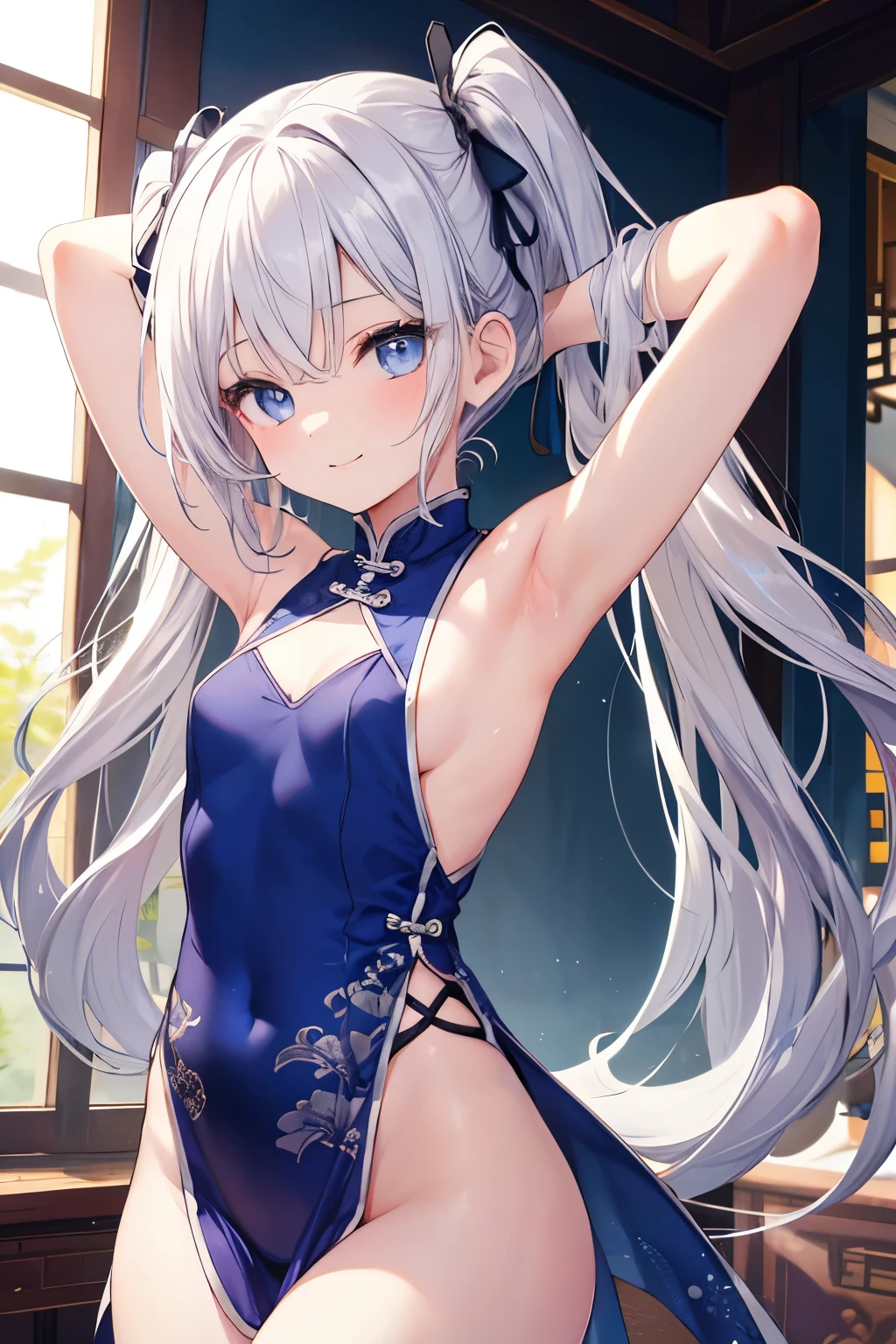 Silver Hair、blue eyes、girl、Small breasts、Twin tails、girl、Small breasts、Lolita、Bright smile、Looks about 15 years old、Petan Musume、short、目のhighlight、Sexy thighs、Wearing china clothes、Showing armpits、Your eyes are so beautiful、highlight