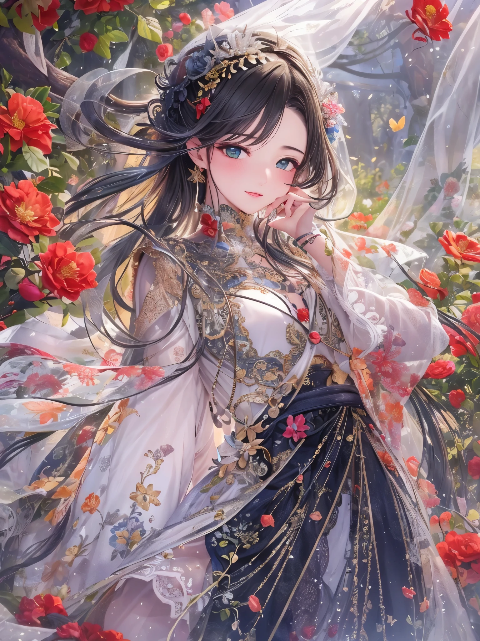 ((highest quality)),(Ultra-high resolution),(Very detailed),(Detailed Description),((The best CG)),(A masterpiece),Ultra-detailed art,Amazing drawing art,(Art with precise detail:1.5), Clear skin, Green black hair, pupil, Red lips, Wind, flower