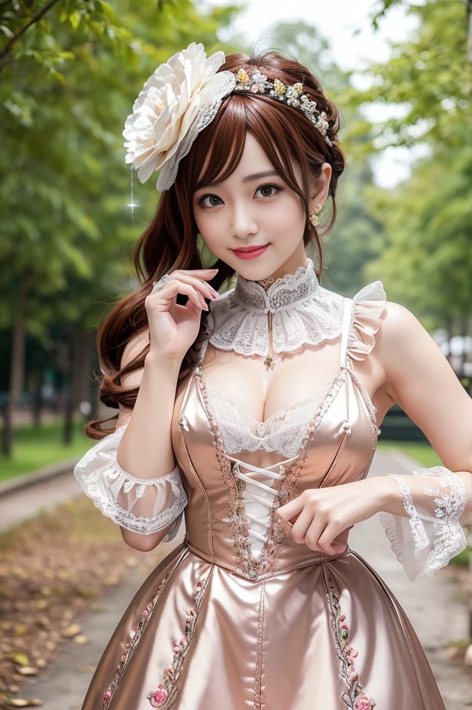 (nsfw), sexy stylish Thai model, only 1 female, ((doll-like appearance)), short Auburn stylish hair, ((shiny Victorian-Style boots)), (big smile), ultra detailed eyes, vivid eye makeup, lipgloss, long lashes, defined eyebrows, ((sexy Paradise Kiss cosplay)), bell-shaped skirt, petticoats, high neckline, puffed sleeves, ((ultra detailed lace)), ((ultra detailed embroidery)), intricate details, Paradise Kiss accessoires and matching headpiece, choker, ((large sparkling Paradise Kiss jewelry)), cinematic light, detailed large park background with trees 