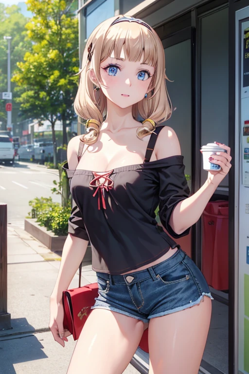 (masterpiece, Best Quality, ultra-detailed, high resolution, extremely detailed CG, official art, Professional Lighting, Perfect Anatomy, anime colors), (from below), looking at viewer, cowboy shot, perfect body, a 24yo beautiful girl, sidelocks, hairband, earrings,medium hips, glamorous body,a small face,beautiful-makeup,Makeup light,dark brown hair, Amazing Cleavage, thin waist, cute ass, Raised sexy, small breast: 1.2 posed cleavage:1.2, (off shoulders,Denimbra,legginullnude), micro denim shorts, bare legs, nail_polish, pale skin, Waiting friend, (morning:1.5), tokyo, (convenience store:1.3), outdoor, (depth of field:1.3), contrapposto, (Hold a coffee in your hand:1.3),delicate beautiful face, Bright blue eyes, cute eyes, sparkling eyes, Big eyes, (perky chest:1.1), (pointed chest:1.3), looking at viewer,