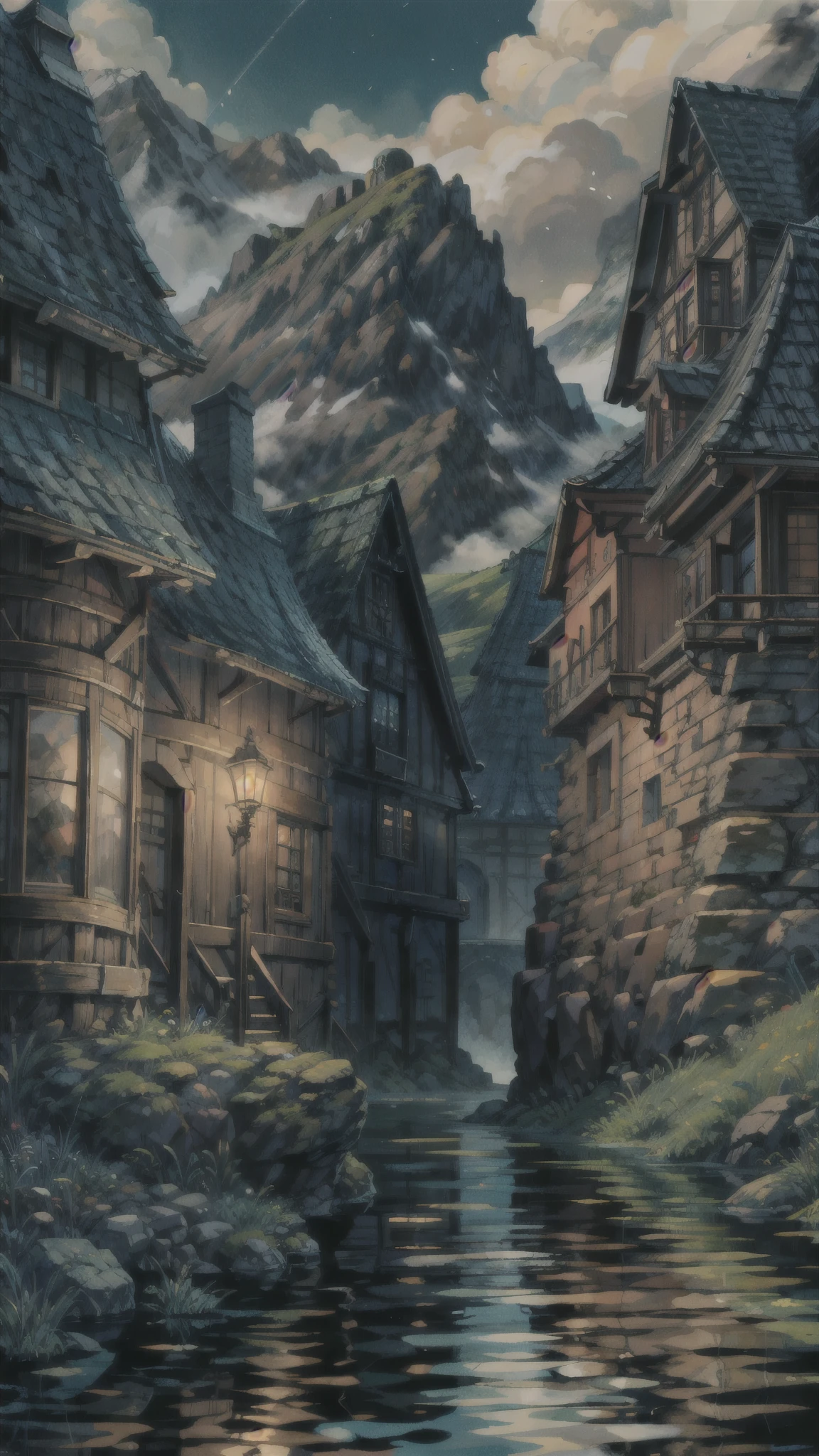 a realistic sculpted castle and stone walls in the rocky mountains, in the style of gothic futurism, eve ventrue, filip hodas, structured chaos, passage over water reflecting blue skies, elaborate detail