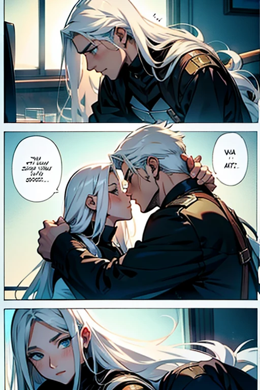 Girl with long white hair kissing a guy deeply , manga page with panels and dialogue 