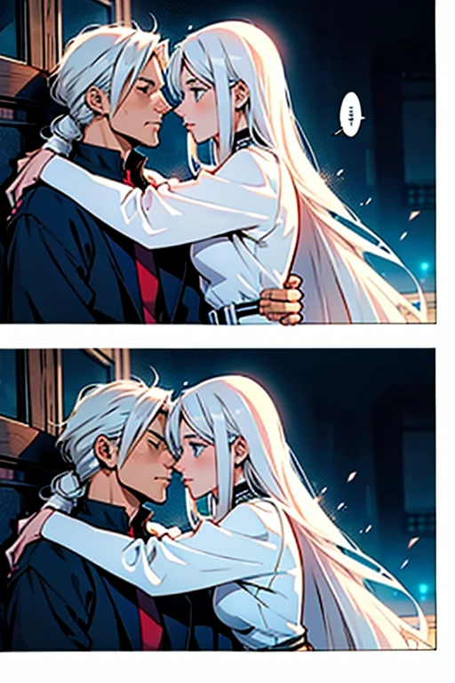 Girl with long white hair kissing a guy deeply , manga page with panels and dialogue 