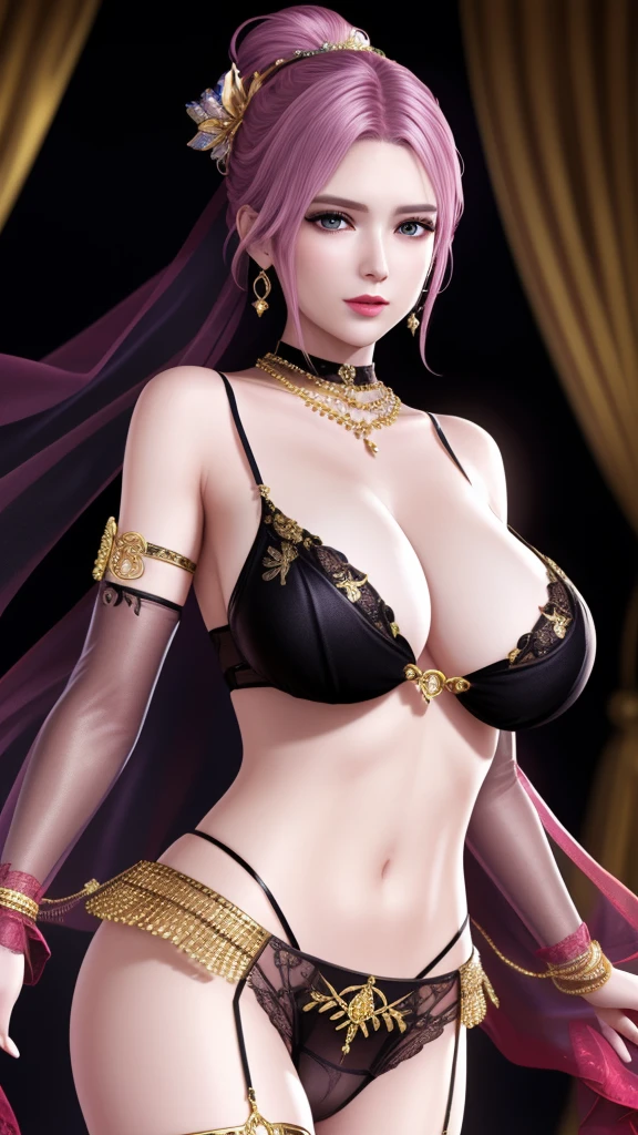 Ultra-realistic 8k CG, picture-Perfect face, Flawless, Clean, masterpiece, Professional artwork, movie lighting, Bloom, Perfect face, Pretty Face,, dreamlike, illusory, Science fiction, Huge breasts, Wearing underwear and thong, Lace, Lace trim, Lace-trimmed legwear, (rich:1.4), prestige, Luxury, Jewelry, diamond, Kaneko, pearl, gem, 蓝gem, 红gem, emerald, Intricate details, Exquisite pattern, charming, Tempting, Tempting, , enchanting, Hair accessories, neckLace, earrings, bracelet, armband,Halo ((,1 Girl:1.5,Solitary,absurd, High resolution, emaciated,Transparent sleeves, ))