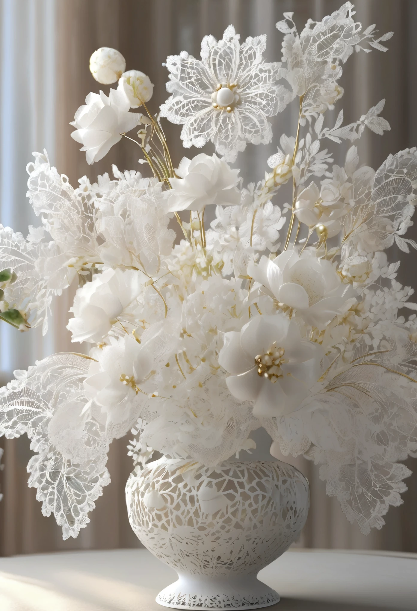 White laceで出来た花, Beautiful lace flowers, Lace flowers decorated in the room, Home Interior, Beautiful glass vases, White lace, Very delicate lace, highest quality:1.2, 4K, 8k, Very detailed, High detail, masterpiece:1.2,
