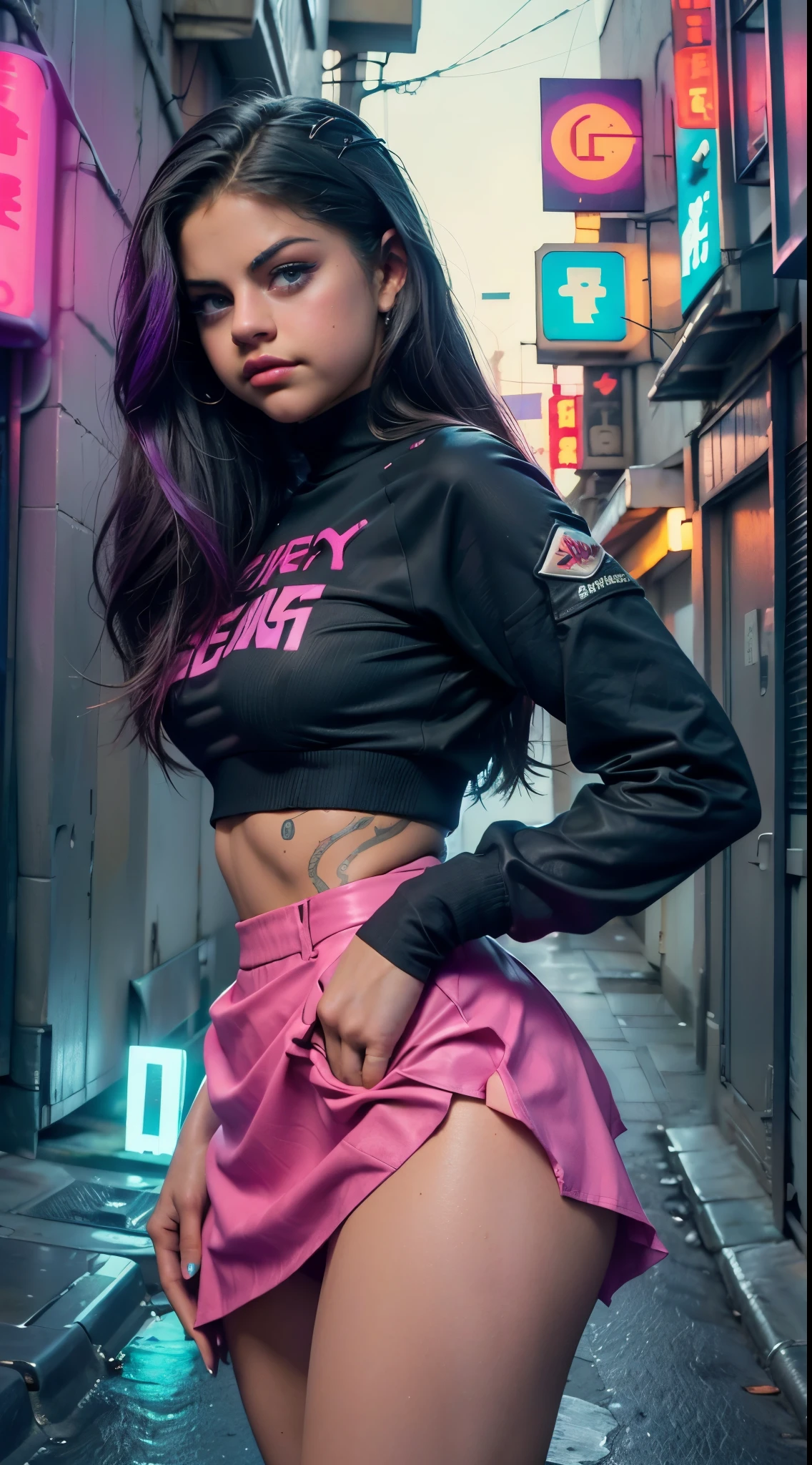 Selena Gomez, cabello rubio ondulado, usar gafas, usar una gorra, vistiendo  secundaria en minifalda rota por la mitad y mostrando sus pechos NSFW,Cuerpo voluminoso perfecto  (miniskirt red plisada:1.4)( post city Tokio colors:1.4), NSFW, ,More detailed 8K.motor irreal:1.4,UHD,La mejor calidad:1.4, fotorrealista:1.4, textura de la piel:1.4, obra maestra:1.8,obra-prima, mejor calidad,objeto Objeto], (detailed face features:1.3), manos detailed  ,(Selena Gomez:1.4) ,(colors cyberpunk:1.4),fondo azul agua, (sexy vestuario:1.4) ,Uniforme colegiala sexy  ,