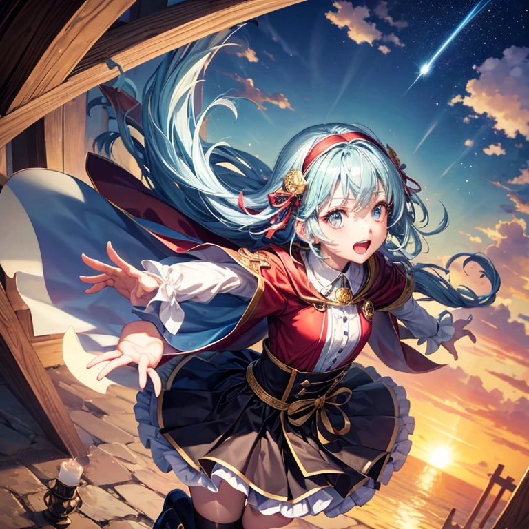 Aqua blue hair、Golden Eyes、Braid、One good looking girl、solo、anime、Checkered mini skirt、Ruffles on the skirt、Red T-shirt、Cape、Gothic、Black knee-high socks、bandana、Fluffy clothes、Wearing a ribbon、Ribbon on waist、Tilting face、Teeth are visible、Sunset sky、Piercing the clouds、Contrail、lotus leaves、Cumulonimbus、Pillar of Light、candle fire、Silver coin necklace、A world of light、Spreading his arms for balance、Hands together、From above