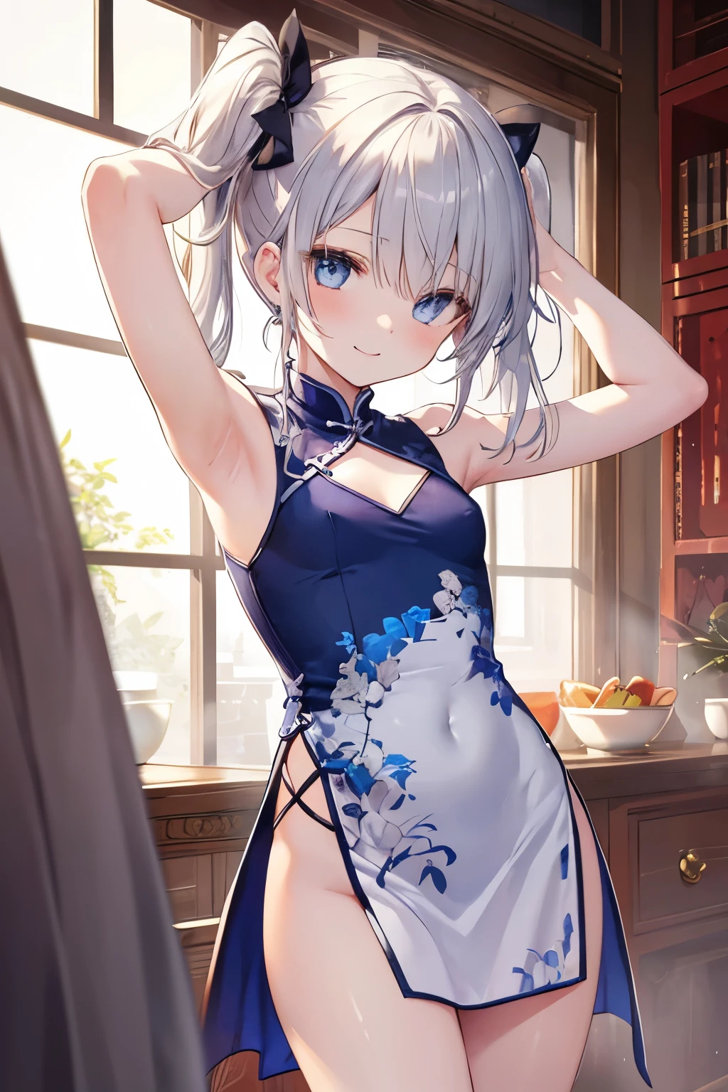 Silver Hair、blue eyes、girl、Small breasts、Twin tails、girl、Small breasts、Lolita、Bright smile、Looks about 15 years old、Petan Musume、short、目のhighlight、Sexy thighs、Wearing china clothes、Showing armpits、Your eyes are so beautiful、highlight