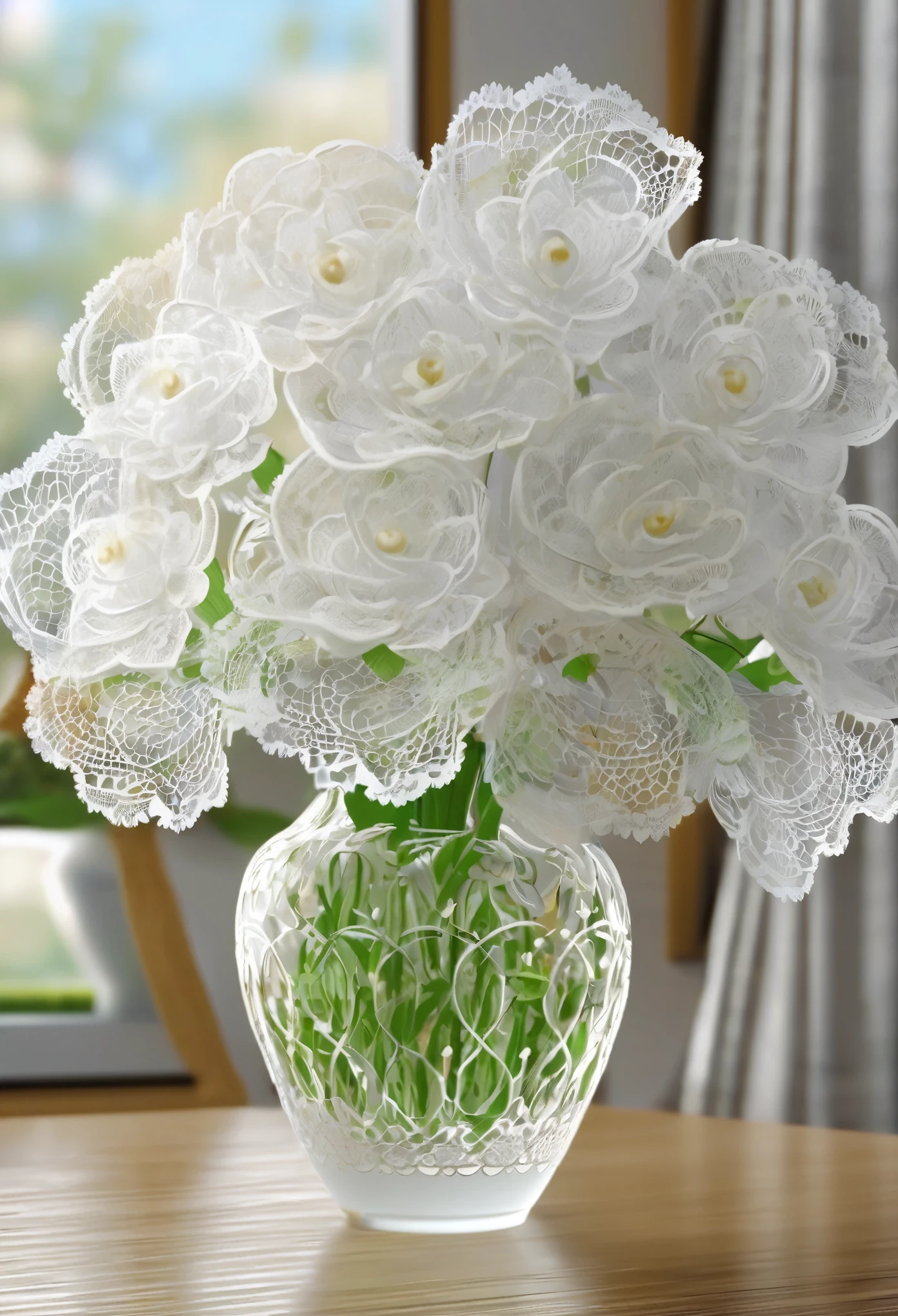 White laceで出来た花, Beautiful lace flowers, Lace flowers decorated in the room, Home Interior, Beautiful glass vases, White lace, Very delicate lace, highest quality:1.2, 4K, 8k, Very detailed, High detail, masterpiece:1.2,