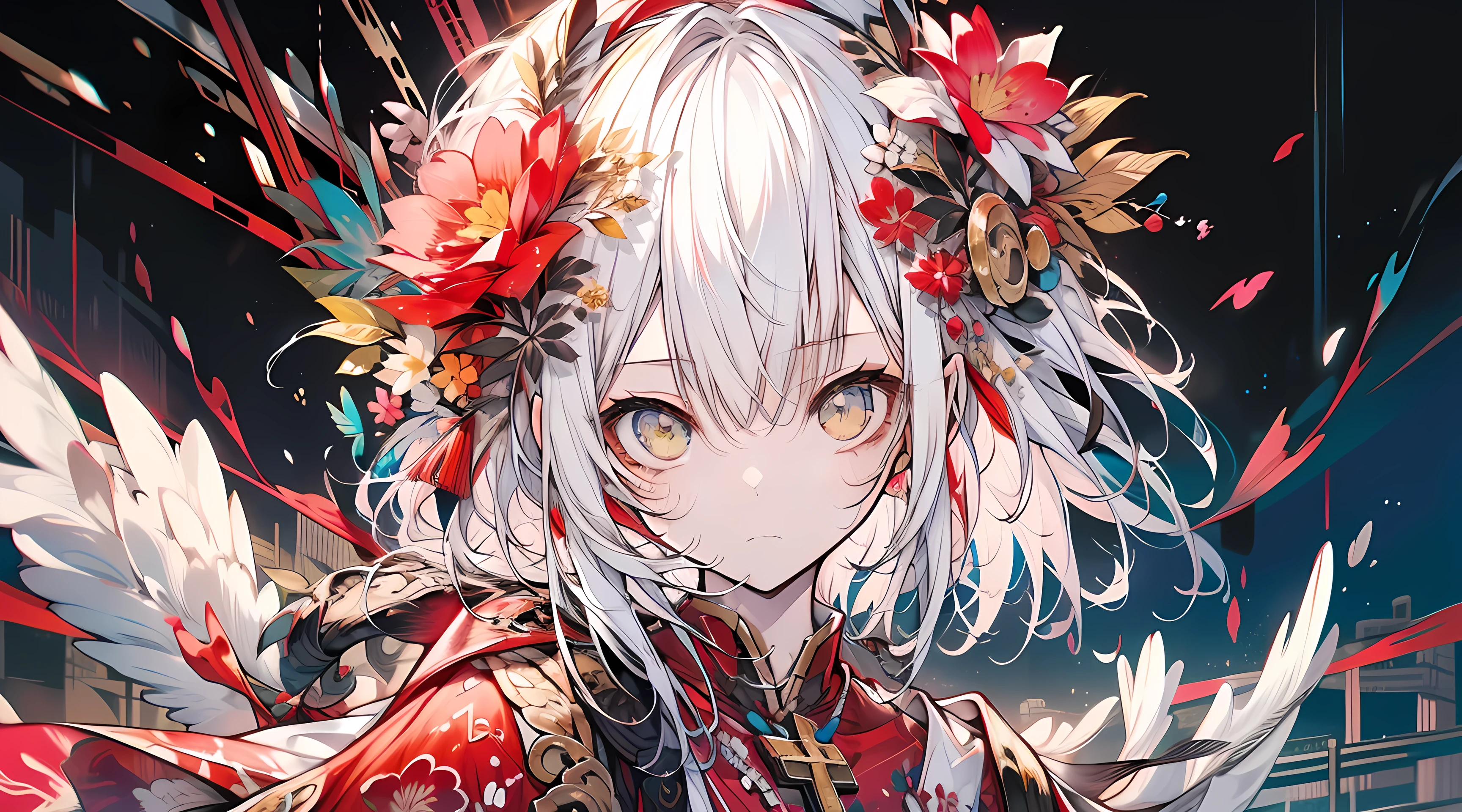 （（（tmasterpiece）））， （（（best qualtiy））））， offcial art， the Extremely Detailed CG Unity 8K Wallpapers， （（sketching）））， the night， Sateen， Beautiful detailed sky， Intricate costumes，Gorgeous costumes，beautiful detailed  water， GameCG， hugefilesize， sketching， solo， Girl，angelicales， long whitr hair， whaite hair， Wet hair， hair between eye， Hair behind the ears， white colored eyelashes， beatiful detailed eyes， expressionless eyes， yellow eyes， half closed eyes， shoe， The halo， Cross necklace， looking-down， Squat，blown hair， Feather ornament， leaf hair ornament， ln the forest， by lake， （（flatchest）））， （（（Golden robe）））， longer sleeves， bandagens， white blindfold， elvish ears， （（（Golden wings））），fenghuang，Phoenix wings，holy rays