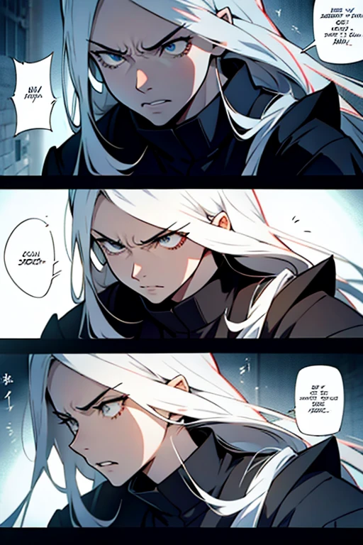 Girl with long white hair extremely angry, detailed expression, manga page with panels and dialogue 