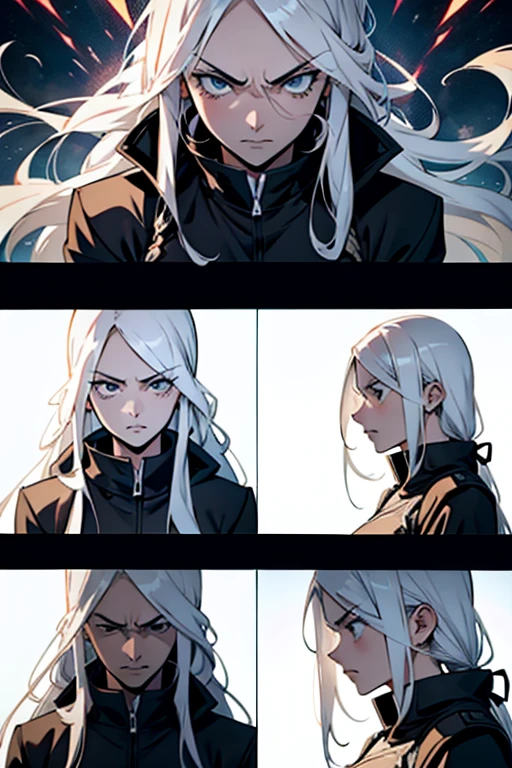 Girl with long white hair extremely angry, detailed expression, manga page with panels and dialogue