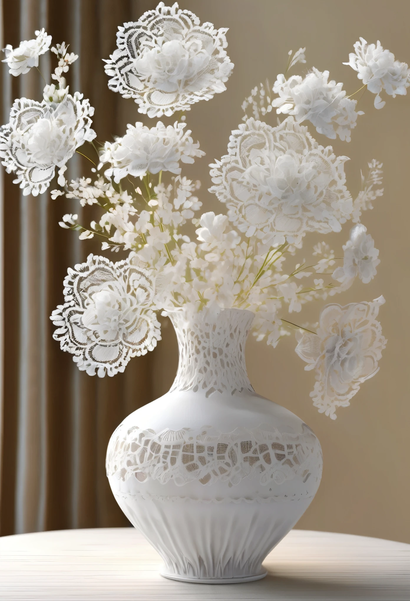 White laceで出来た花, Beautiful lace flowers, Lace flowers decorated in the room, Home Interior, Beautiful glass vases, White lace, Very delicate lace, highest quality:1.2, 4K, 8k, Very detailed, High detail, masterpiece:1.2,