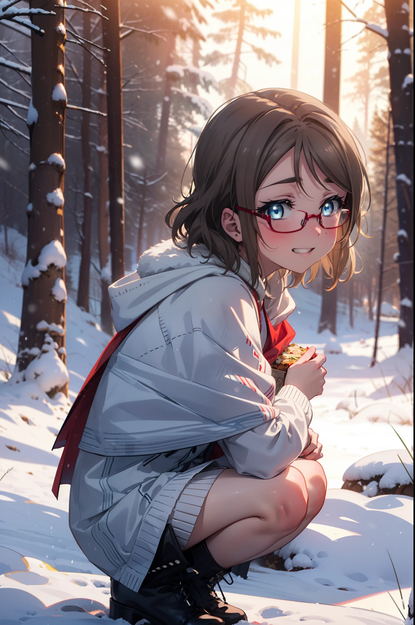 Yo Watanabe, Yu Watanabe, short hair, blue eyes, Brown Hair, smile, Grin,Medium Breast,Black-rimmed glasses,
Open your mouth,snow,Ground bonfire, Outdoor, boots, snowing, From the side, wood, suitcase, Cape, Blurred, having meal, forest, White handbag, nature,  Squat, Mouth closed, Cape, winter, Written boundary depth, Black shoes, red Cape break looking at viewer, Upper Body, whole body, break Outdoor, forest, nature, break (masterpiece:1.2), highest quality, High resolution, unity 8k wallpaper, (shape:0.8), (Beautiful and beautiful eyes:1.6), Highly detailed face, Perfect lighting, Extremely detailed CG, (Perfect hands, Perfect Anatomy),