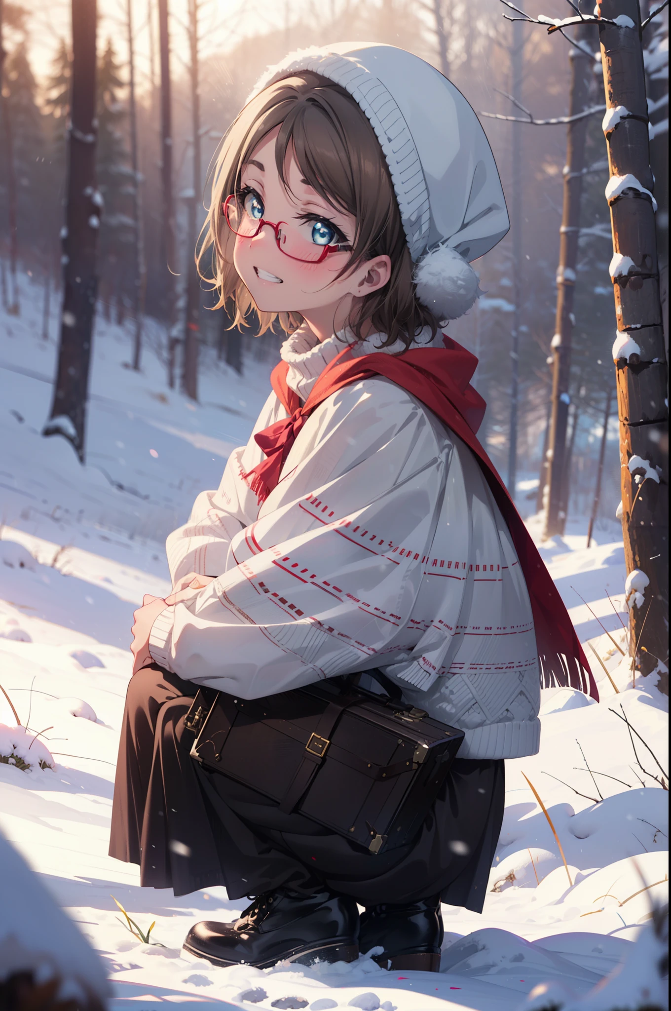 Yo Watanabe, Yu Watanabe, short hair, blue eyes, Brown Hair, smile, Grin,Medium Breast,Black-rimmed glasses,
Open your mouth,snow,Ground bonfire, Outdoor, boots, snowing, From the side, wood, suitcase, Cape, Blurred, having meal, forest, White handbag, nature, Squat, Mouth closed, Cape, winter, Written boundary depth, Black shoes, red Cape break looking at viewer, Upper Body, whole body, break Outdoor, forest, nature, break (masterpiece:1.2), highest quality, High resolution, unity 8k wallpaper, (shape:0.8), (Beautiful and beautiful eyes:1.6), Highly detailed face, Perfect lighting, Extremely detailed CG, (Perfect hands, Perfect Anatomy),