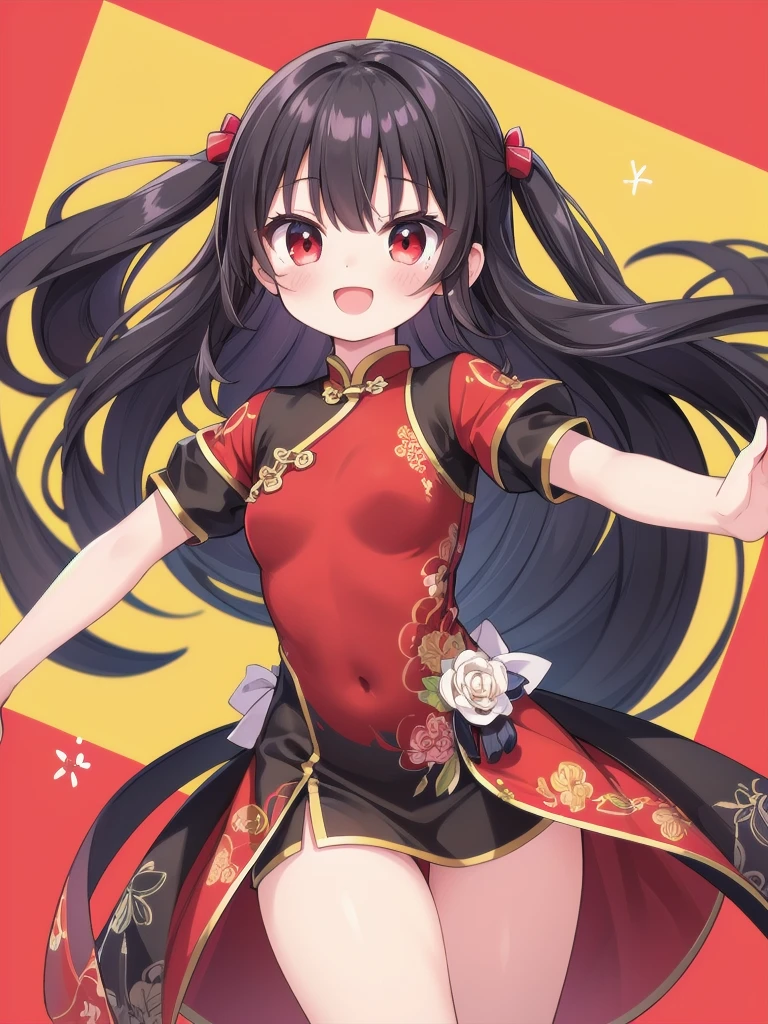1girl, dress chinese, (masterpiece, best quality: 1.2), high resolution, high quality, cute, long red black hair, outfit random, cute look, happy, fighting pose
