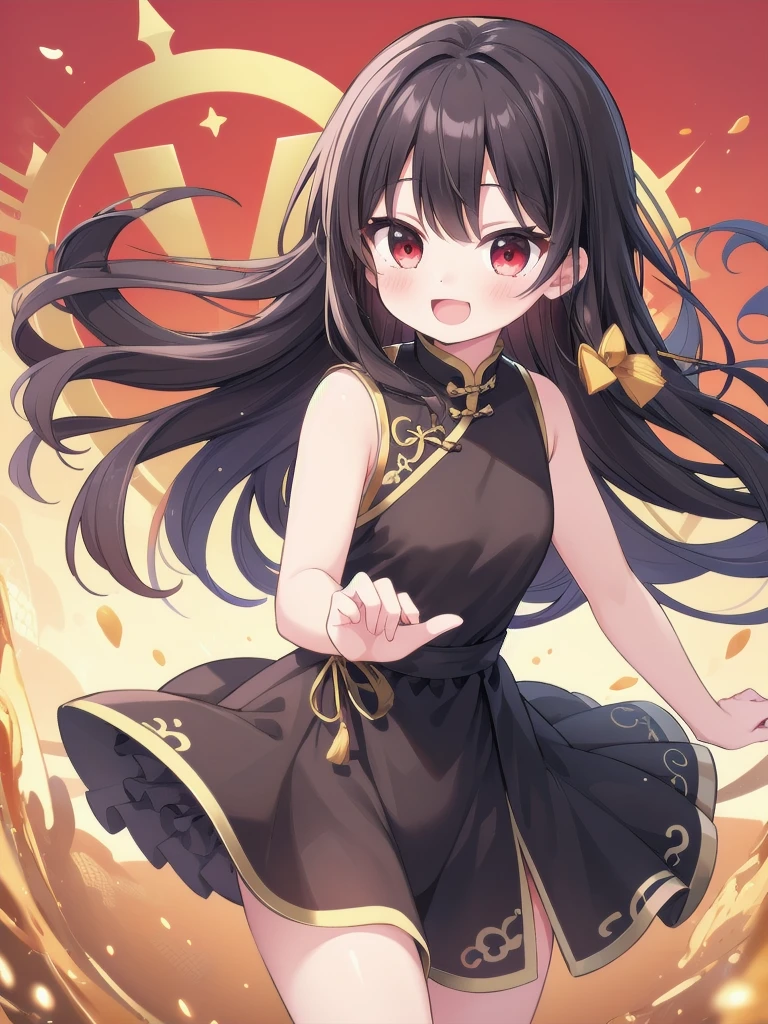 1girl, dress chinese, (masterpiece, best quality: 1.2), high resolution, high quality, cute, long red black hair, outfit random, cute look, happy, fighting pose
