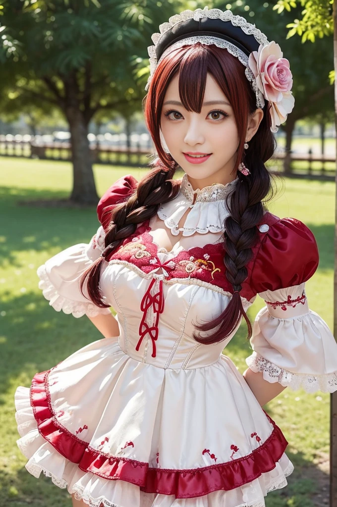 (nsfw), sexy stylish Japanese model, only 1 female, ((doll-like appearance)), short bright red stylish hair, ((shiny Victorian-Style boots)), (big smile), ultra detailed eyes, vivid eye makeup, lipgloss, long lashes, defined eyebrows, ((sexy Paradise Kiss cosplay)), bell-shaped skirt, petticoats, high neckline, puffed sleeves, ((ultra detailed lace)), ((ultra detailed embroidery)), intricate details, Paradise Kiss accessoires and matching headpiece, choker, ((large sparkling Paradise Kiss jewelry)), cinematic light, detailed large park background with trees 
