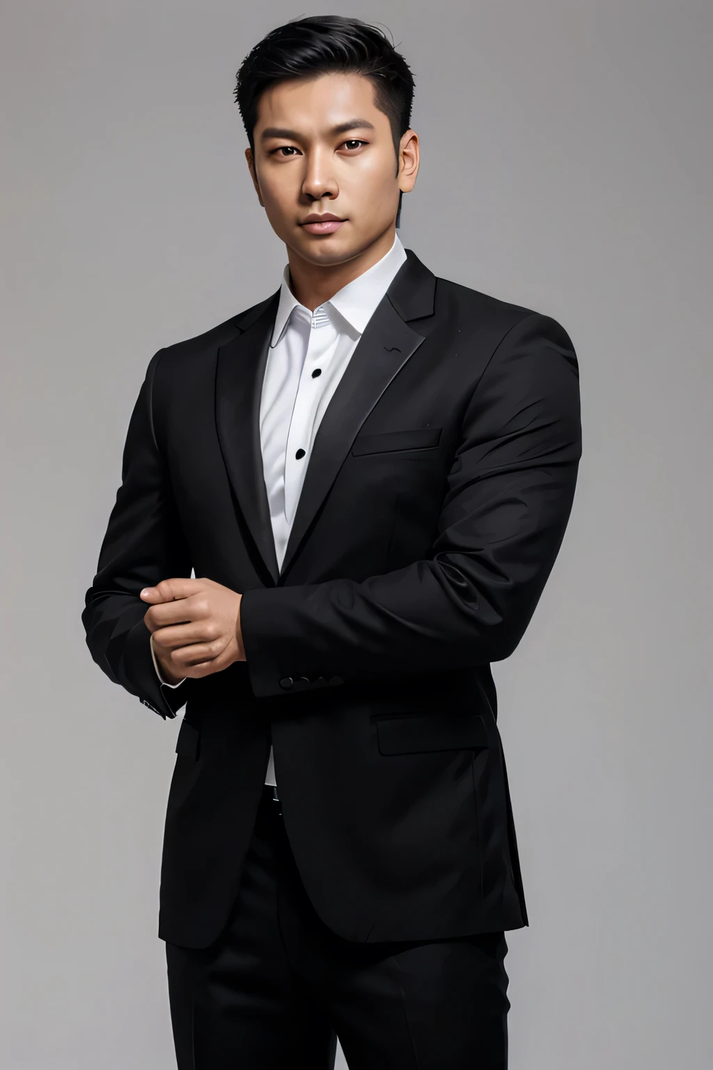 asian man stand, wear black formal suit, white background, half body