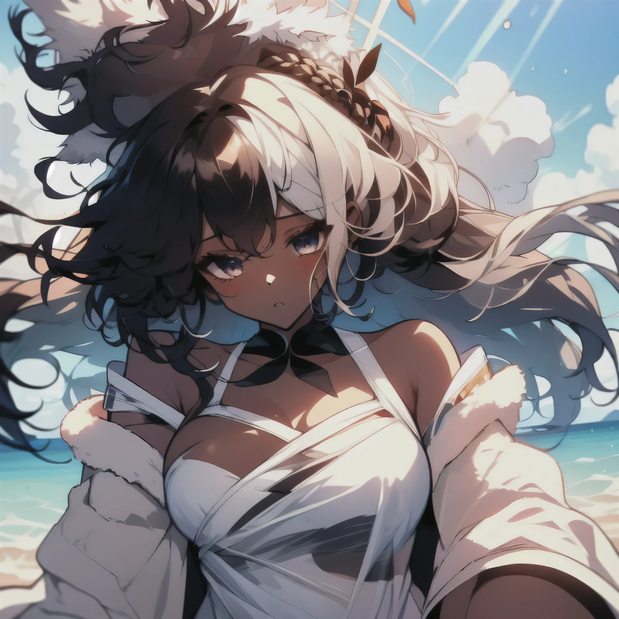 2girl, white swimsuit, dark skin, different haircuts, messy hair, curly hair, fluffy hair,