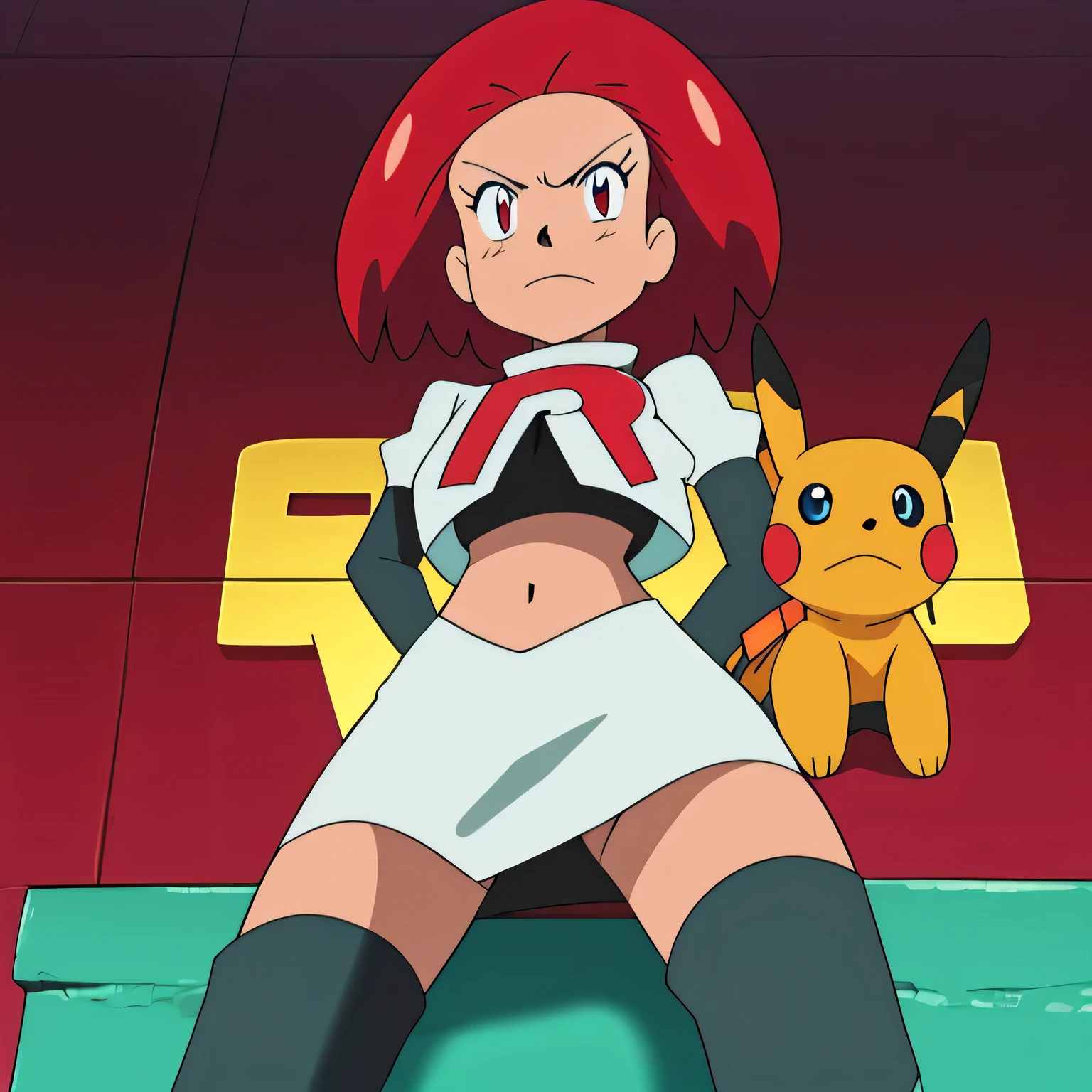 masterpiece,best quality,high res,high quality,8k, masterpiece,highres, team rocket uniform, red letter r, white skirt,white crop top,black thigh-high boots, black elbow gloves, glaring angrily, looking down at viewer, hands on hips, cowboy shot, zettai ryouiki,sitting on toilet.spread legs,from below, black panties,detailed facial features, highly detailed, 8k, photorealistic, vibrant colors, dramatic lighting, cinematic composition,zoey_pokemon