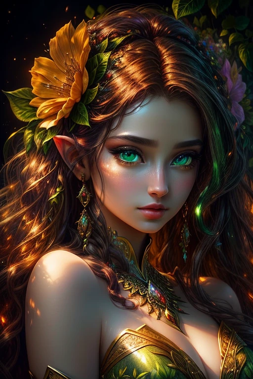 This (realistic fantasy) art contains embers, real plant, real cool, and realistic flowers. Generate a masterpiece artwork of a female forest druid with large (((green and brown))) eyes. The forest druid is awe-inspiring with beautiful ((realistic fiery eyes)) alight with confidence and power. Her features are elegant and well defined, with ((soft and puffy lips)), elven bone structure, and realistic shading. Her eyes are important and should be the focal point of this artwork, with ((extremely realistic details, macro details, and shimmer.)) She is wearing a billowing and glittering dress made of realistic flower and jewels that glimmer in the fire light. Wisps of vines and leaves line the intricate bodice of the dress. Include bumps, stones, fiery iridescence, glowing embers, silk and satin and leather, an interesting background, and heavy fantasy elements. Camera: Utilize dynamic composition techniques to enhance the realistic flowers