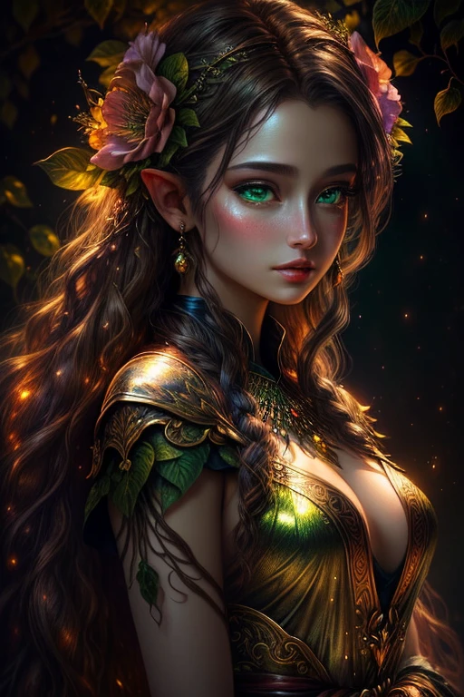 This (realistic fantasy) art contains embers, real plant, real cool, and realistic flowers. Generate a masterpiece artwork of a female forest druid with large (((green and brown))) eyes. The forest druid is awe-inspiring with beautiful ((realistic fiery eyes)) alight with confidence and power. Her features are elegant and well defined, with ((soft and puffy lips)), elven bone structure, and realistic shading. Her eyes are important and should be the focal point of this artwork, with ((extremely realistic details, macro details, and shimmer.)) She is wearing a billowing and glittering dress made of realistic flower and jewels that glimmer in the fire light. Wisps of vines and leaves line the intricate bodice of the dress. Include bumps, stones, fiery iridescence, glowing embers, silk and satin and leather, an interesting background, and heavy fantasy elements. Camera: Utilize dynamic composition techniques to enhance the realistic flowers