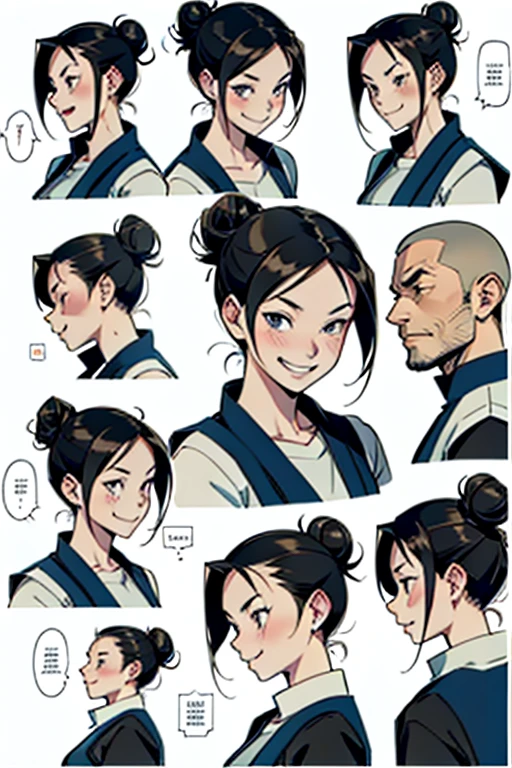 Girl with black hair in a bun laughing, detailed expression, manga page with panels and dialogue