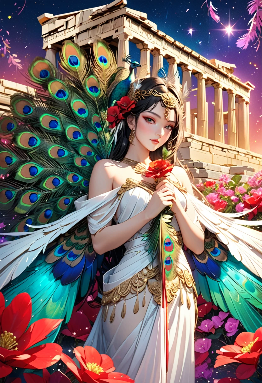 (masterpiece, best quality:1.1),
(ultra highres, ultra-detailed:1.2) ,Roman Goddess,hair ornaments,flower pattern White Robe,(has Peacock wings), BREAK,detailed hand,Holding flower in both hands,Scarlet aura,divine,beautiful effects,Alluring,Background:Parthenon temple,dynamic pose,(Glitter:1.5) ,(sparkle:1.5) ,(feather:1.5)