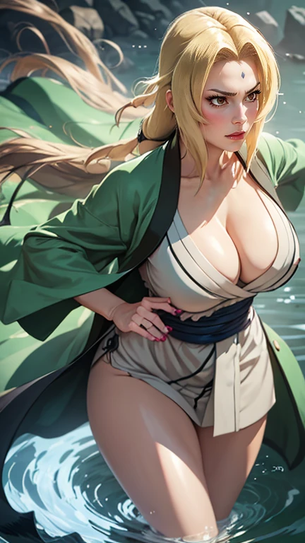 Tsunade, a powerful and experienced shinobi, stands tall with an air of confidence. Her striking features include captivating blue eyes that shimmer with determination and long, luscious golden hair cascading down her back. She possesses a well-toned physique that accentuates her strength, showcasing her expertise in combat. Tsunade wears her iconic green robe, adorned with the symbol of her village, symbolizing her dedication to protecting those she holds dear. As the sun's gentle rays touch her face, her serene expression reflects the wisdom and resilience that lie within her. In her hands, she holds a scroll, signifying her profound knowledge and mastery of various jutsu techniques. Tsunade's presence exudes a powerful aura that commands respect, full body naked